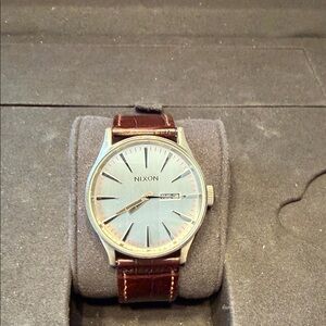 Nixon Sentry Silver Watch with Brown Leather Strap